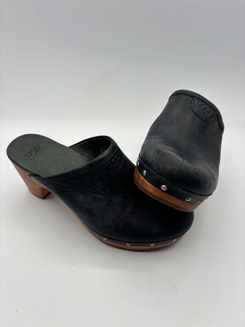 UGG Australia Abbie Black Leather Studded Wood Clog Mules